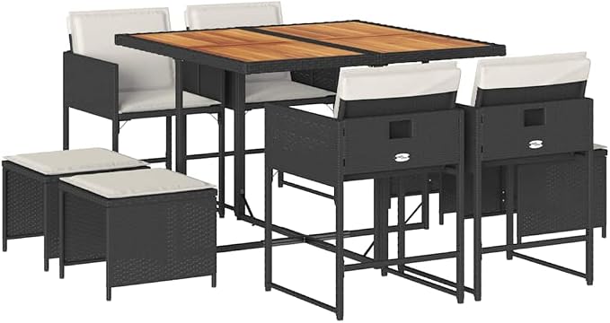 8-Seater Garden Dining Set, Black Poly Rattan Patio Furniture with Acacia Wood Accents, Foldable Outdoor Table and Chairs for Backyard, Deck, and Lawn