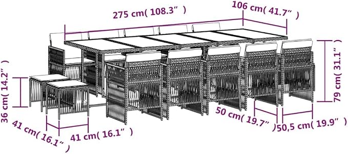 Garden Dining Set Black PE Rattan Large Foldable 15-Piece Outdoor Patio Table with Tempered Glass for 14 People UV-Resistant Removable Cushion Easy Assembly