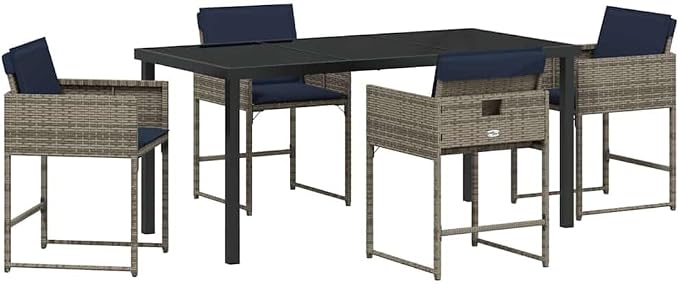 5 Piece Outdoor Garden Dining Set, Patio Furniture with Poly Rattan Chairs and Tempered Glass Table, Grey