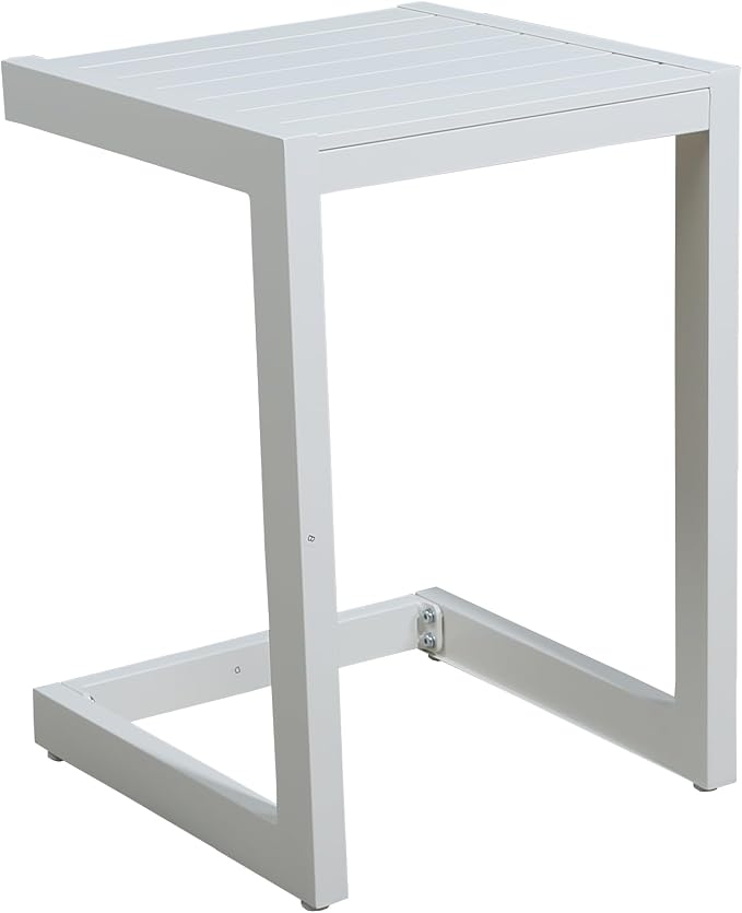 Ulax furniture Aluminum Patio Snack Side Table - C Shaped Outdoor End Table for Small Spaces (White)