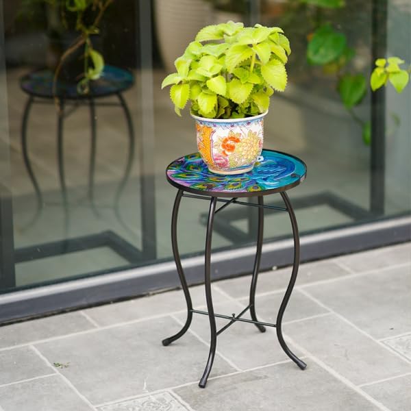 13.5 Inch Round Peacocks Glass Side Table, Patio Small Table, Outdoor Side Table, Outdoor Bar Table, Metal Glass End Table for Porch Garden Patio Pool Living Room