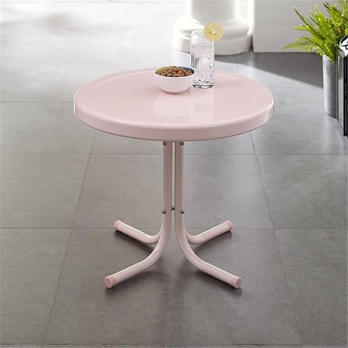 Pemberly Row Contemporary Metal Patio End Table, 22 in x 22 in x 19 in, Powder-Coated Steel, Pastel Pink, Weatherproof Outdoor Furniture, Pedestal Base for Patio, Balcony, or Porch Use