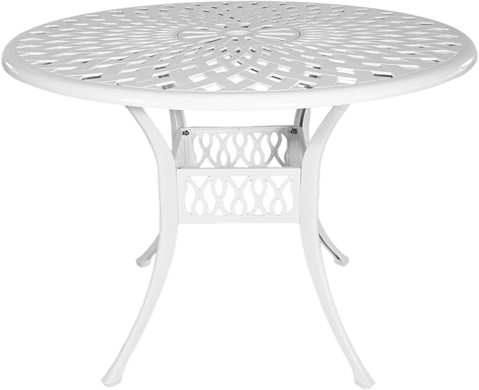 42 Inch Outdoor Patio Dining Table Round Cast Aluminum Table with 1.97" Umbrella Hole, All Weather Metal Bistro Table for Porch,Backyard,Garden,Balcony,White