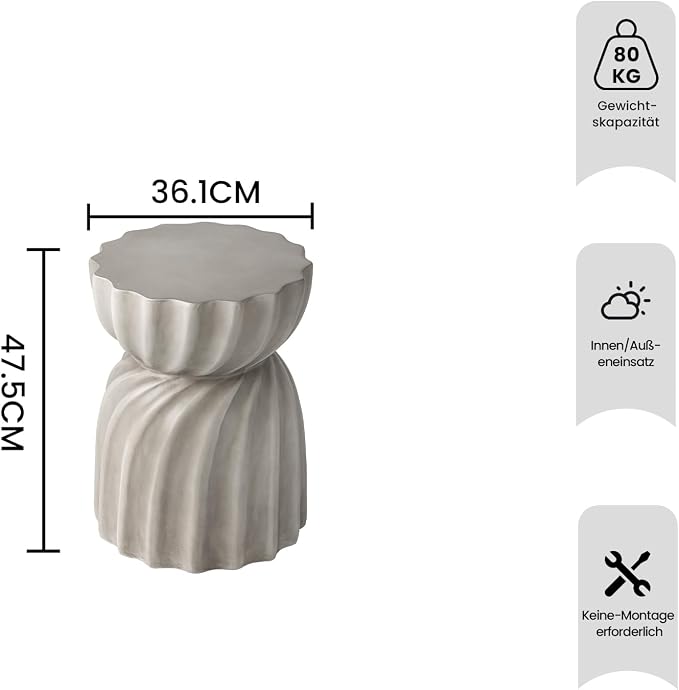 HOMPUS Outdoor Concrete Side Table Set of 2,2 Piece Unique Round Patio MgO End Table, Lightweight Small Accent Table Garden Stool for Indoor Outdoor Use, Backyard, Natural Grey