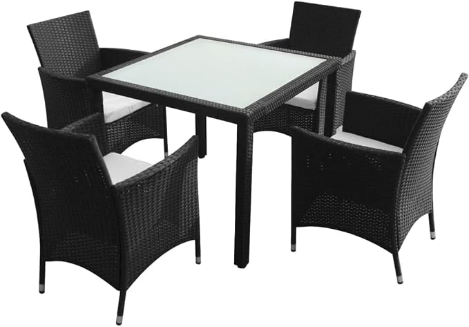 5 Piece Patio Dining Set with Cushions Poly Rattan Black Outdoor Rattan Furniture Set for Garden Backyard Steel Frame Aluminum Feet Removable Seat Cushion Table and Chairs for Al Fresco Dining Lounge