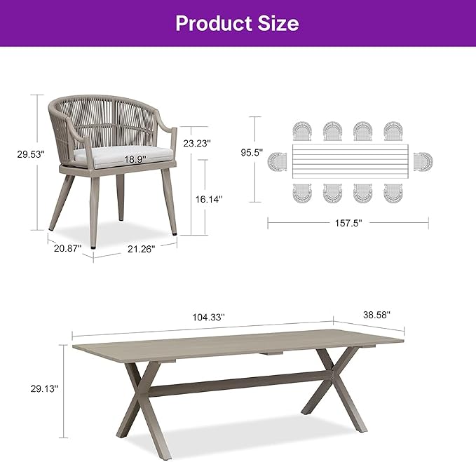 PURPLE LEAF Outdoor Dining Set for 10 with Waterproof Furniture Cover All Weather Patio Dining Set with Rectangular Aluminum Table and Wicker Dining Chairs for Garden Deck Backyard Kitchen, Champagne
