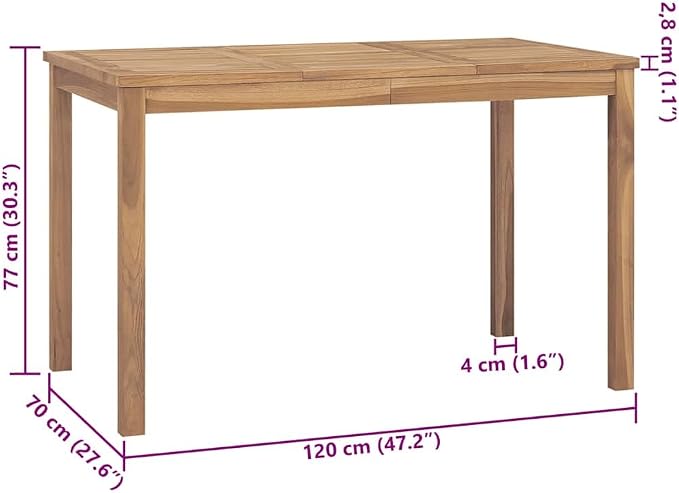 Solid Teak Wood Patio Dining Table, 47.2" x 27.6" Rectangular Garden Table for Outdoor and Indoor Use, Natural Brown Finish Kitchen Table Seats Up to 4 People