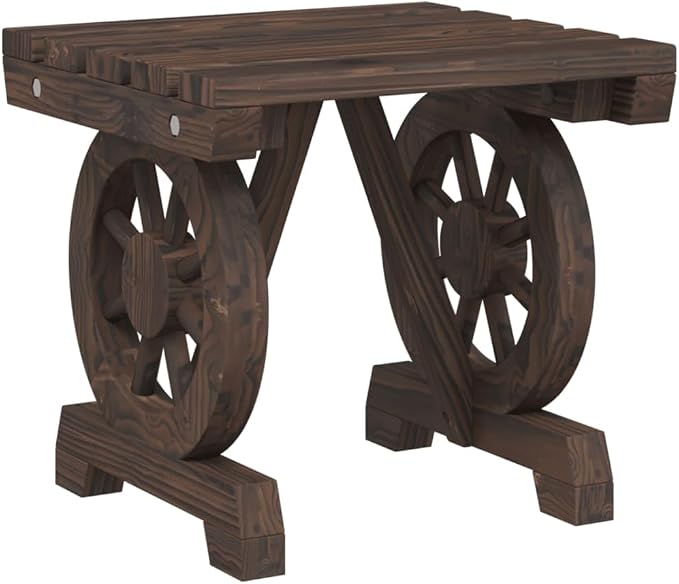 5-Piece Burnt Fir Wood Patio Dining Set with Wagon Wheel Design | Features 1 round table and 4 matching stools, providing rustic outdoor seating for backyard, garden, or porch.