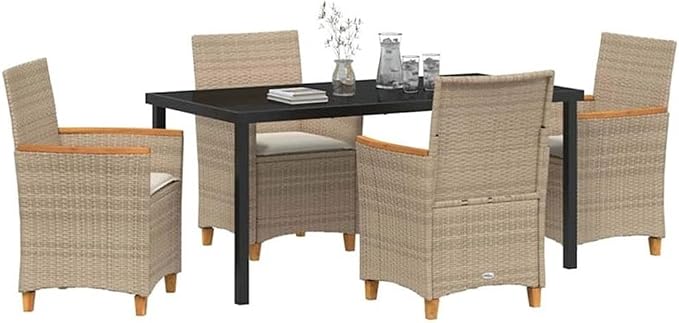 Afuera Living 5 Piece Poly Rattan Garden Dining Set, Brown Finish, Weather-Resistant UV-Protected Material, Steel Frame, Glass Top, Seating for 4, Modern Outdoor Patio or Garden Furniture for Dining