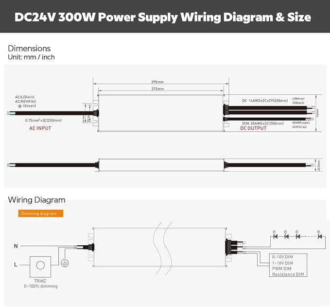 DC24V 300W UL-Listed 0/1-10V & TRIAC Dimmable LED Transformer Drive Waterproof IP67 Outdoor Power Supply for 24V DMX LED Wash Wall Lights(24V 300W 0-10V+Triac)