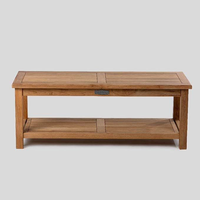 TITAN GREAT OUTDOORS Ash & Ember Sierra Grade A Teak 47" Coffee Table with Shelf, Weather Resistant Tea Table for Deck, Porch, or Backyard Use, Slatted Indoor Outdoor Patio Lounge Furniture