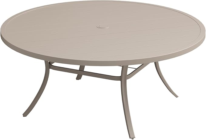VICLLAX 63" Outdoor Patio Dining Table for 8-10, Metal Round Table with Umbrella Hole for Deck Lawn Garden Backyard, Sandshell