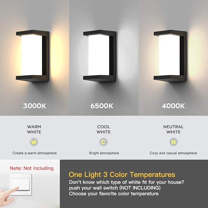 Modern Outdoor Wall Lights,24W-LED Exterior Wall Sconce Light Fixtures,3-Color-Changeable Wall Mounted Lamps,Matte Black Porch&Patio Light,IP65 Waterproof for Hallway Stairs Gardens