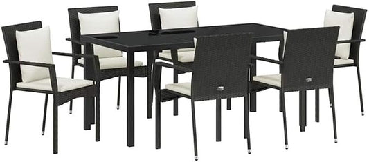 Afuera Living 7-Piece Outdoor Garden Dining Set, Poly Rattan, Black Finish, Cushioned Seating for 6, Tempered Glass Tabletop, Weather-Resistant, Modern Patio Furniture for Dining & Entertaining