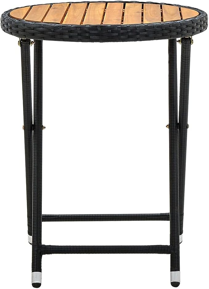 Rustic Style Outdoor Folding Table Small Foldable Acacia Wood Tea Table Compact Folding Tea for Garden Round Black PE Rattan