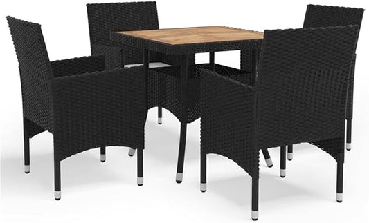 Afuera Living 5-Piece Synthetic Poly Rattan Patio Dining Set, Black and Brown Finish, Powder-Coated Steel Frame, Removable Cushions, Weather-Resistant, Contemporary Style for Outdoor Garden or