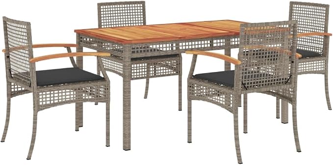 5-Piece Gray PE Rattan Patio Dining Set with Acacia Wood Table | Includes four chairs with dark gray padded cushions, designed for backyard, garden, or porch dining.