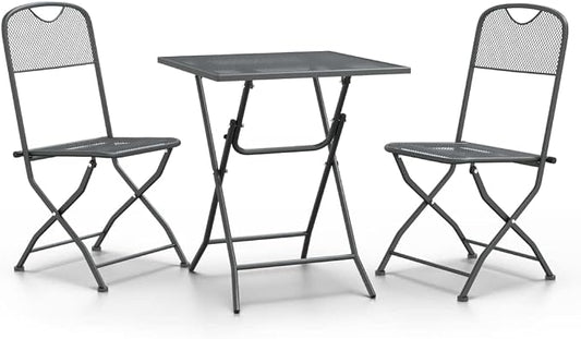 3 Piece Patio Dining Set with Expanded Metal Mesh and E-Coating Finish, Foldable Outdoor Table and Chairs in Anthracite