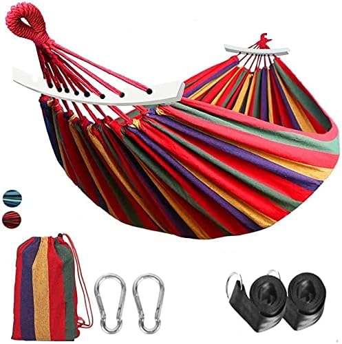 Outdoor Hammock Portable Garden Hammock Sports Home Travel Camping Swing Canvas Stripe Hang Bed Hammock Double Single People (260x80 red Set)
