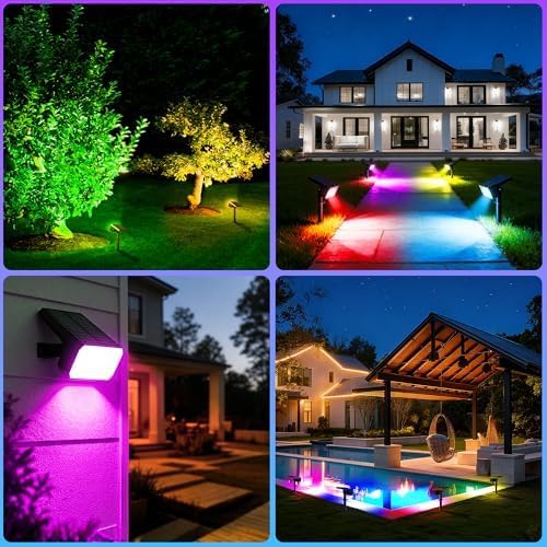 Solar Spot Lights Outdoor RGB Color Changing, 10 Pack, 28 LED | IP67 Waterproof, 7 Modes Auto On/Off, for Yard Garden Pathway Walkway Tree Patio Driveway