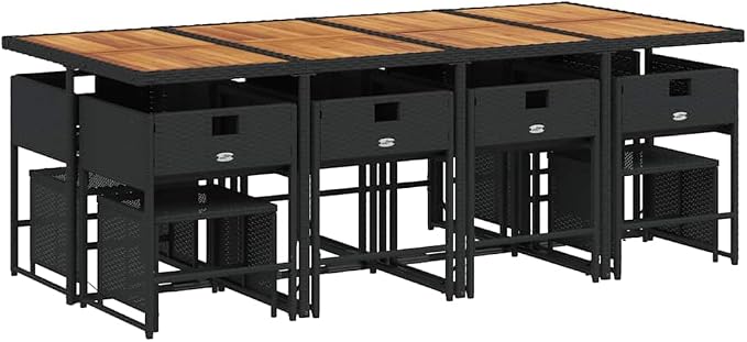 Garden Dining Set for 12, Large Rectangular Outdoor Patio Furniture with Solid Acacia Wood Table, Black Poly Rattan Woven Chairs and Cushions for Terrace or Backyard Dining