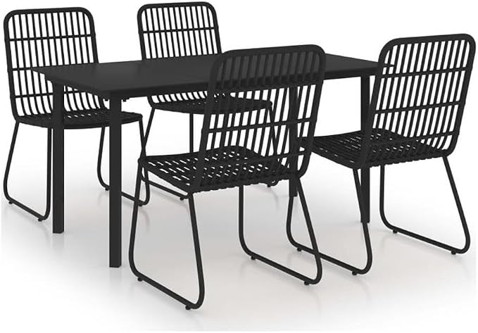 BOWERY HILL 5-Piece Outdoor Patio Dining Set, Poly Rattan in Black, Powder-Coated Steel Frame, Weatherproof, Stackable Chairs, Sleek Modern Design, Space-Saving, Comfortably Seats 4, 59.1 in Table
