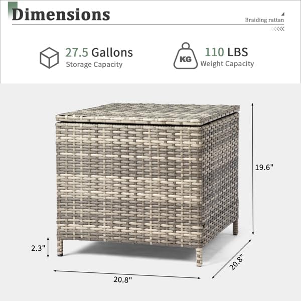 Outdoor PE Wicker Side Table with Storage, Patio Rattan End Table Square Container for Furniture Covers (Grey)