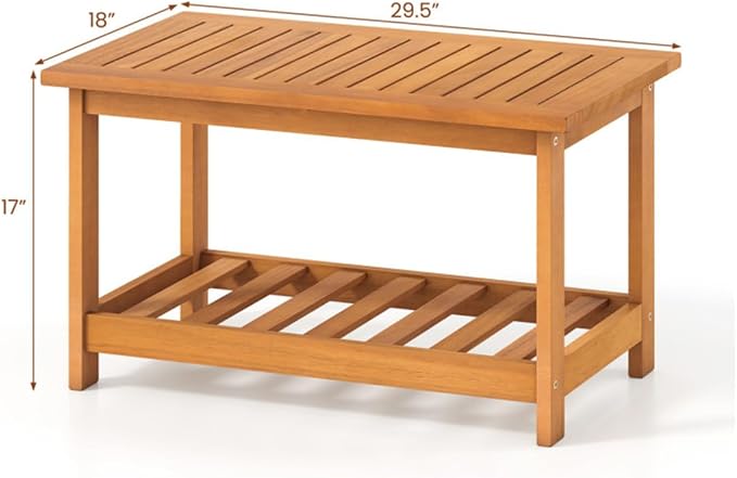 Acacia Wood Coffee Table with Storage Shelf, 29.5" Rectangular Outdoor Patio Center Table, 2-Tier Slatted Side Table for Garden Backyard Poolside Living Room, Natural Wood Finish