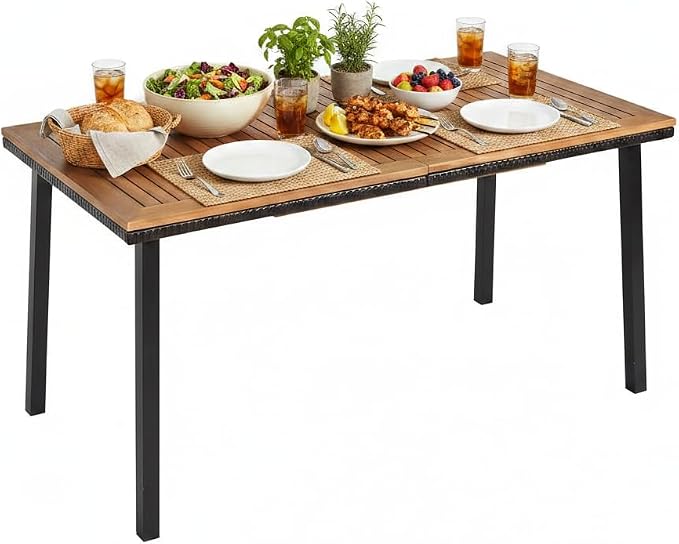 Tangkula 55 Inches Acacia Wood Patio Dining Table for 6, Rectangle Outdoor Dining Table with Metal Frame and Umbrella Hole, 6-Person Outside Table for Patio, Garden, Yard