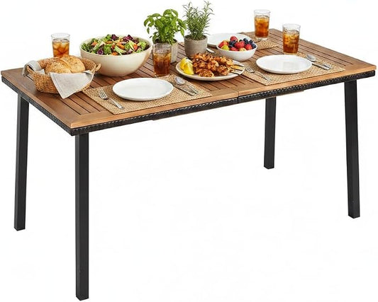 Tangkula 55 Inches Acacia Wood Patio Dining Table for 6, Rectangle Outdoor Dining Table with Metal Frame and Umbrella Hole, 6-Person Outside Table for Patio, Garden, Yard