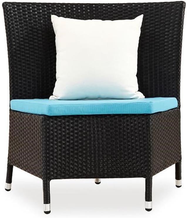 Manhattan Comfort Nightingdale 7 Piece Outdoor Dining Set with Round Glass Lazy Susan | Includes 6 Rattan Chairs, Water-Repellent Cushions and Toss Pillows, Patio Furniture, Black/Sky Blue/White