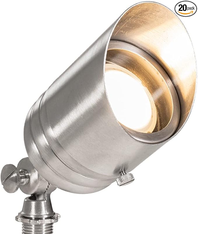 VOLT 20-Pack 12V Fat Boy Stainless Steel Spotlight & 5W 2700K MR16 LED Bulb | 400 Lumens of Warm White Light, Low Voltage, Ideal for Uplighting of Yard, Lawn, Garden, Patio, Trees & House