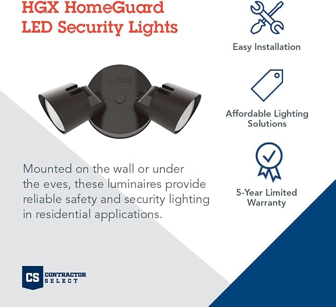 Lithonia Lighting HomeGuard 2-Light LED Outdoor Flood Lights, 4000K, Bronze | Dark Bronze Wall or Ceiling Mount LED Outdoor Lights, 4000K Cool White, Round Heads (HGX LED 2RH 40K 120 DDB M2)