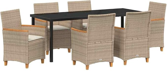 7 Piece Outdoor Dining Set, Beige Poly Rattan Patio Furniture with 6 Cushioned Chairs and Glass Tabletop for Garden Deck Backyard