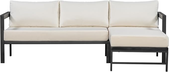 JIVOIT Outdoor L-Shaped Sofa with Iron Frame, Metal Patio Sofa Set with Ultra-Thick Cushions, Comfortable Seating for 3, Ideal for Patio, Balcony and Garden (Beige/35)