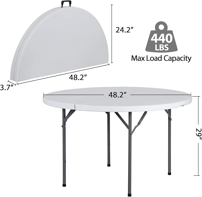 48 Inch Round Folding Table, Heavy Duty Folding 4FT Plastic Table for Outdoor Indoor, Metal Frame Thick Table Top Camping Picnic Table, White (48 inch)