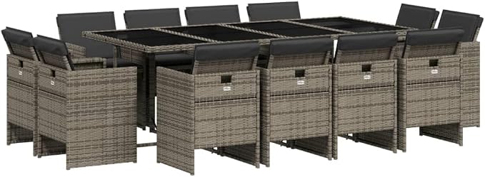13-Piece Gray Poly Rattan Outdoor Patio Furniture Set with Tempered Glass Table and Cushions for Backyard Garden Porch Balcony Dining Space-Saving Design