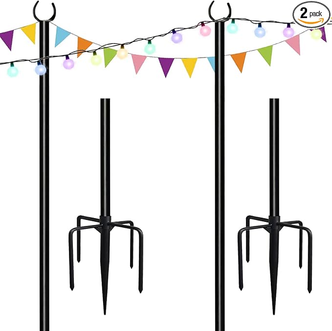 10ft String Light Poles for Soft Surfaces, Light Poles for Outdoor String Light, Perfect for Garden, Backyard, and Patio Lighting Stand for Parties, Wedding - Matte Black Finish - 2 Pack