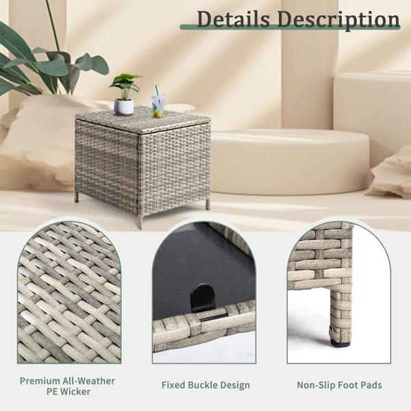 Outdoor PE Wicker Side Table with Storage, Patio Rattan End Table Square Container for Furniture Covers (Grey)