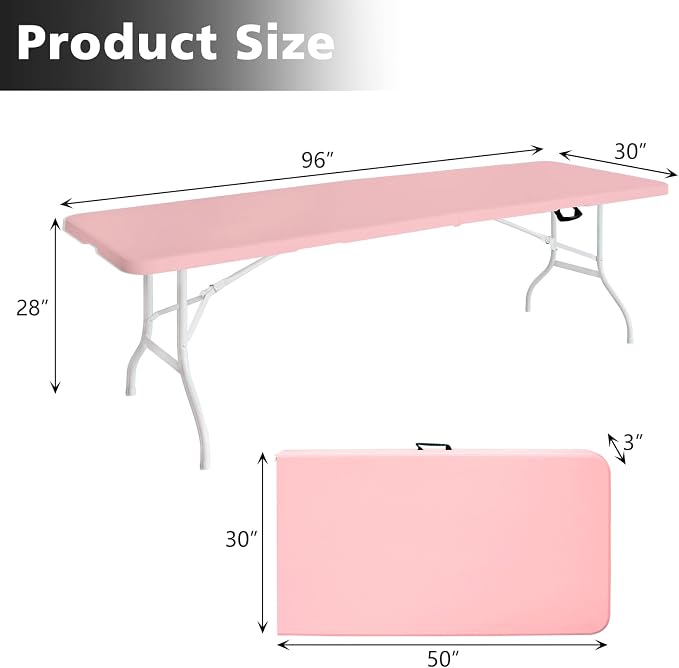 Portable 8Ft Folding Table, Heavy Duty Plastic Fold-in-Half Utility Foldable Dining Table, Multi-Purpose Plastic Folding Table with Carrying Handle for Camping and Party Indoor/Outdoor (Pink)