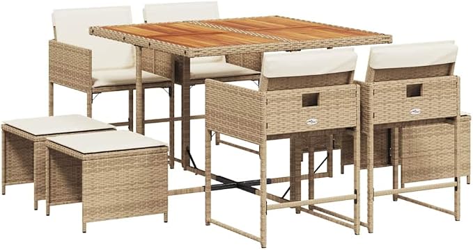 8-Seater Garden Dining Set, Foldable Cube Patio Furniture, Beige PE Rattan and Wood Outdoor Table and Chair Collection for Backyard