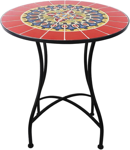 23.6" Outdoor Patio Mosaic Round Table Garden Bistro Accent Table | Ceramic Tile Waterptoof Side End Table Metal Frame Dining Table Furniture for Balcony Backyard Porch Poolside Terrace