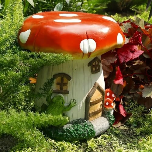 13.4" Mushroom House Resin Stool, Fairy Forest Sculpture Decorative Seat, Multifunctional Ornament for Indoor Outdoor Garden Lawn Courtyard Home Decoration (Red Mushroom)