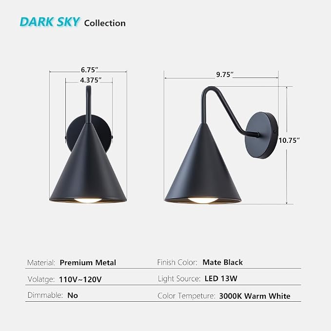 Outdoor Wall Lights 2 Packs, Dark Sky Integrated LED Porch Wall Sconce, 13W 3000K Exterior Lighting Fixtures Wall Mount for House, Barn, Garage