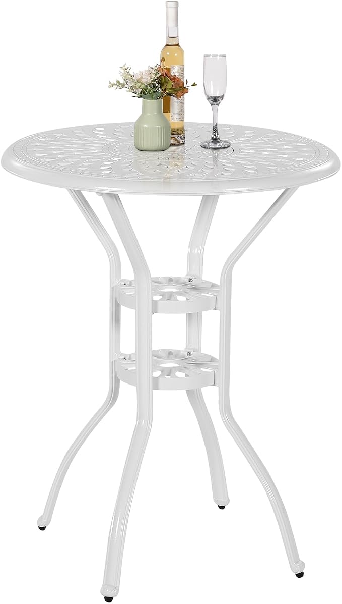 VIVIJASON 31" Patio Height Bar Table, All-Weather Cast Aluminum Bar Bistro Table Outdoor Patio Round Dining Table with Umbrella Hole for Balcony, Lawn, Garden, Backyard, White