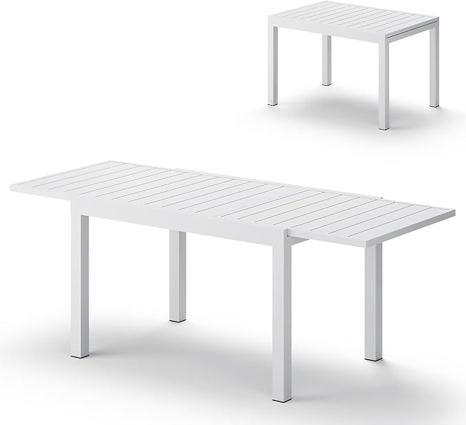 All-Aluminum Expandable Outdoor Patio Dining Table for 4-8 Person, All-Weather Rectangular Outdoor Table(48"-79") with Smooth Cilde Rails & Secure Locking Handle for Garden, Indoor, White