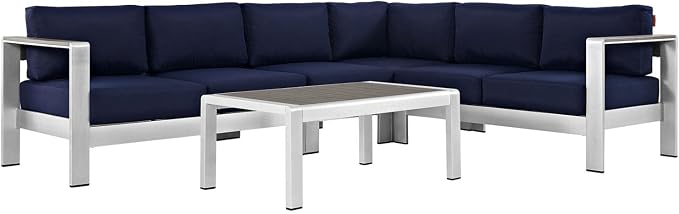 Modway Shore 5-Piece Aluminum Outdoor Patio Sectional Sofa Set in Silver Navy