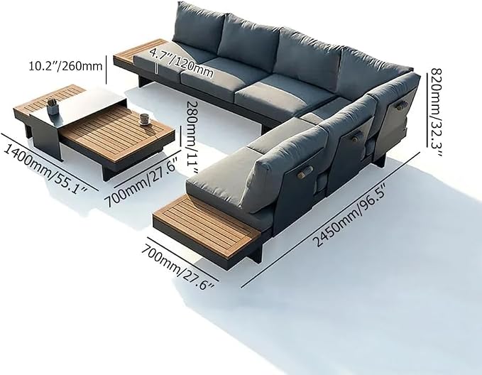 homary 4 Piece Outdoor Conversation Sets, Teak & Aluminum Modular Patio Sectional Sofa with Adjustable Backrests, Water-Resistant, Low-Profile Outdoor Couch Set for Backyard, Garden, Grey