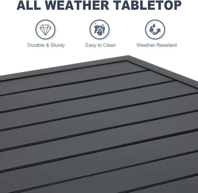 Anmutig Patio Table for 4, Metal Outdoor Dining Table with E-Coating, Square Steel Slated Outdoor Table with 1.57" Umbrella Hole for Garden Backyard, Black