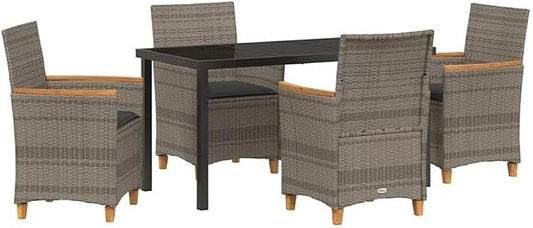 Afuera Living Contemporary 5 Piece Poly Rattan Patio Dining Set, Gray Finish, Steel Frame with Glass Tabletop, Weather-Resistant, UV-Resistant, Seats 4, Modern Outdoor Furniture for Garden or Terrace